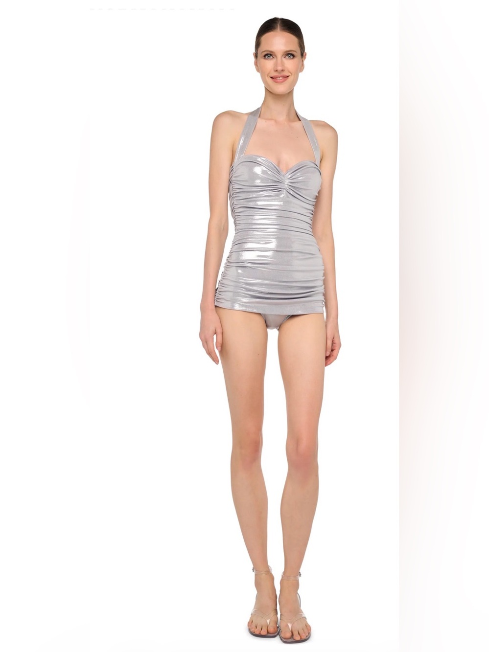 Norma Kamali Bill Mio Hologram Shiny Silver Halter one piece Swim suit NEW NWT